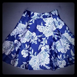 Blue, Floral, High-Waisted, Knee-Length Skirt